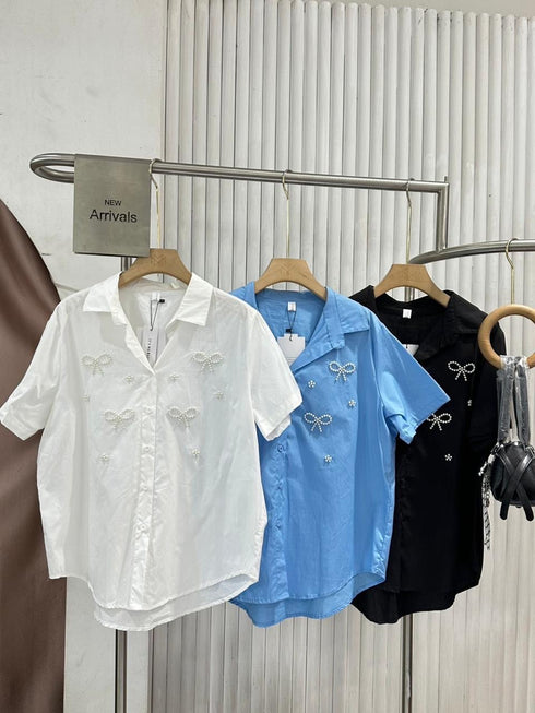 Ladies Pear Detail Collar Down Half Sleeves Shirts
